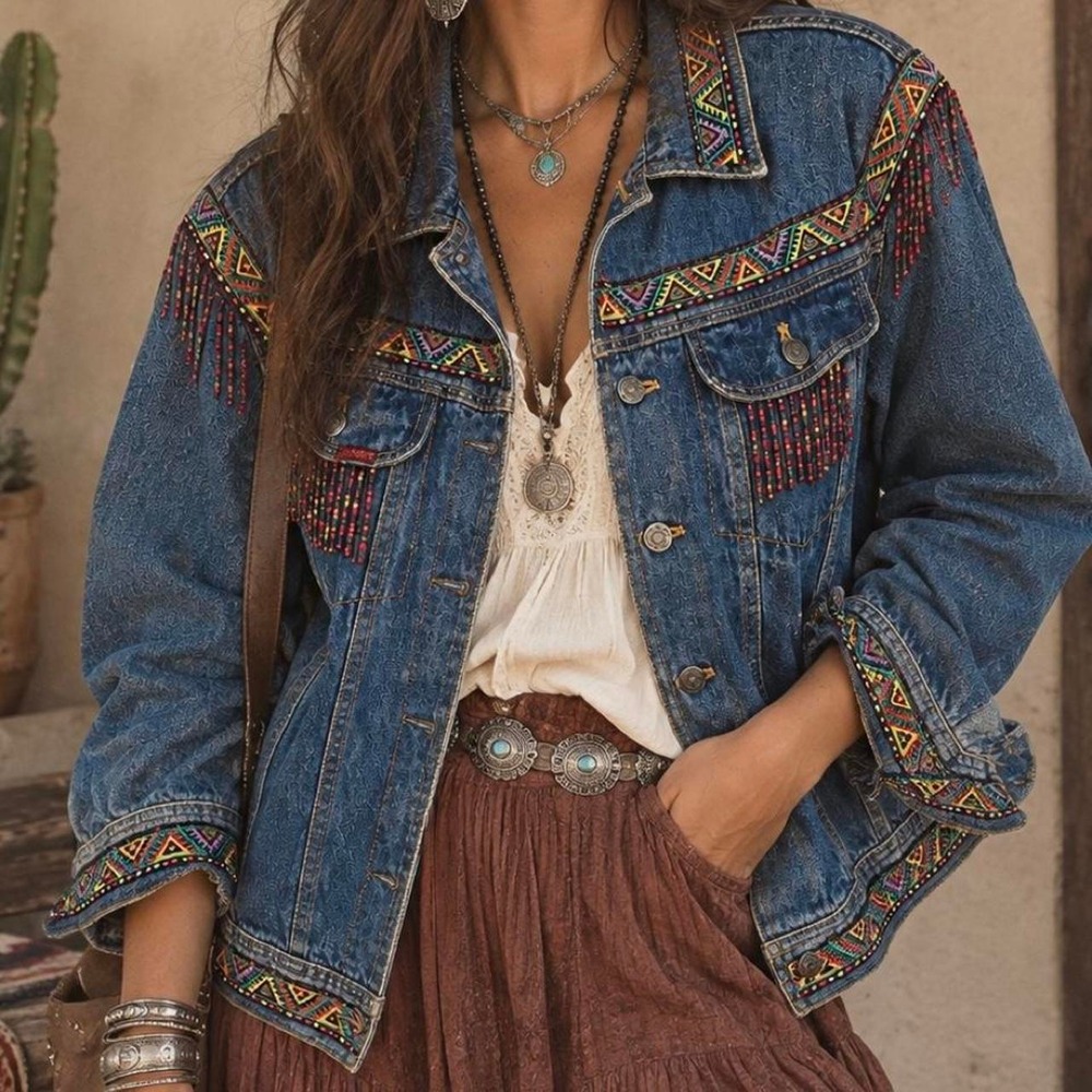 Vintage denim jacket with colorful geometric embroidery fringe beaded